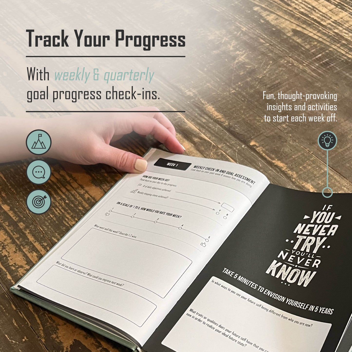 52-week self-improvement journal with actionable daily prompts for goal-setting, motivation, and habit tracking