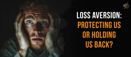 A close-up of a worried man holding his face in his hands, illuminated against a dark background with a fearful, uncertain expression. Large text reads, "Loss Aversion: Protecting Us or Holding Us Back?" alongside the Behavior Shift logo.