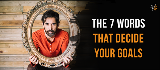 Man holding a mirror reflecting himself, symbolizing identity and self-reflection, with text “The 7 Words That Decide Your Goals” about aligning values and goal setting