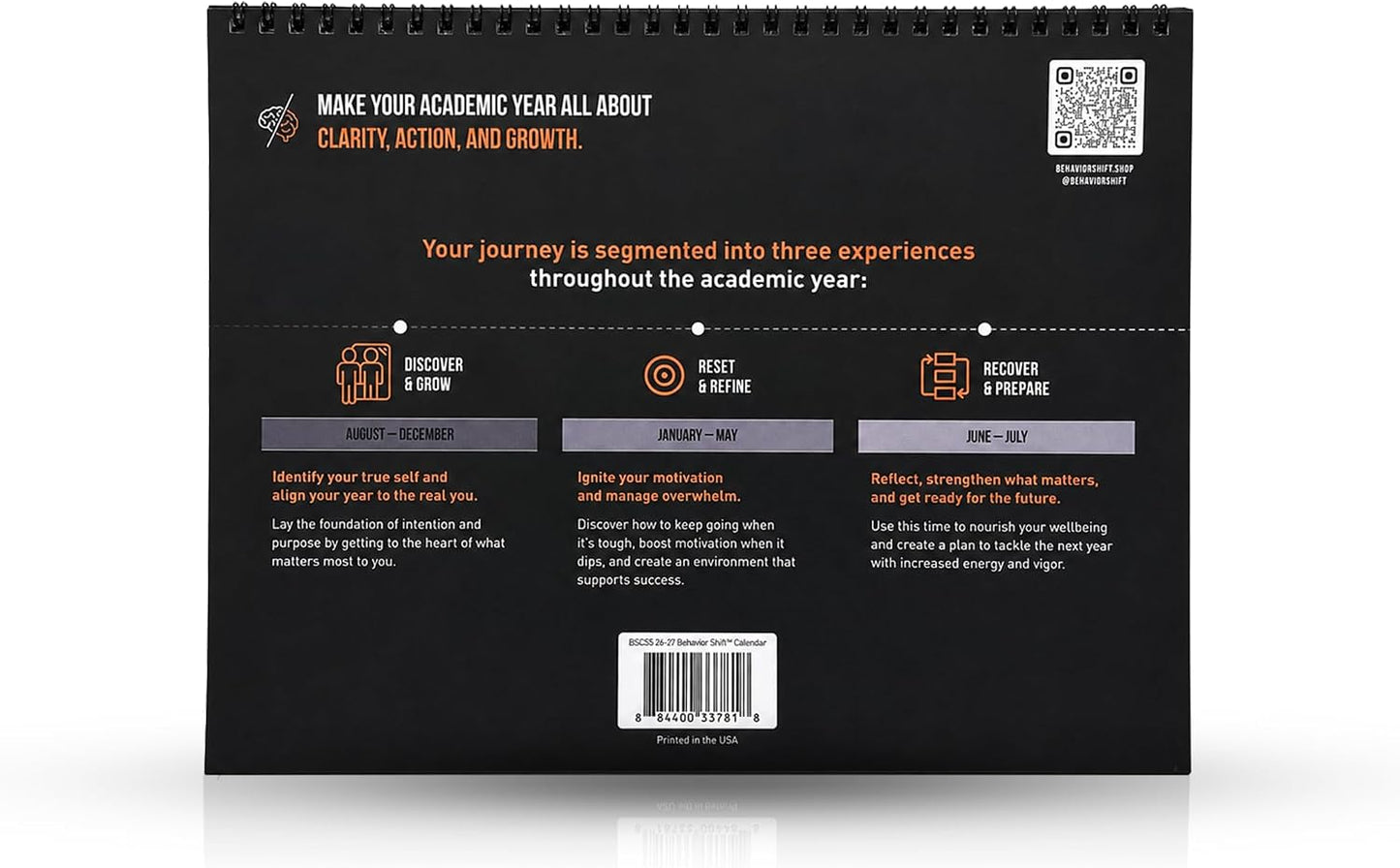 Behavior Shift Student Success Calendar back cover showing three academic year phases: Discover, Reset, and Recover.