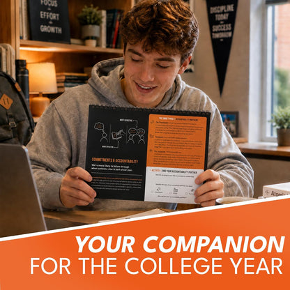 College student holding the Behavior Shift Student Success Calendar, highlighting behavioral science and accountability tools.