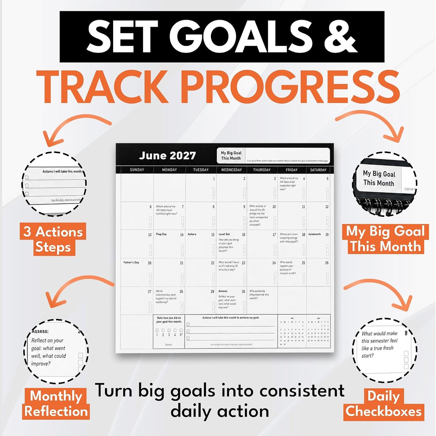 Behavior Shift calendar page showing monthly goal setting, three action steps, daily checkboxes, and a monthly reflection.