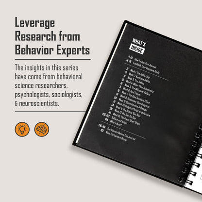 Daily productivity journal using behavioral science for building habits, focus, discipline, and achieving long-term goals.