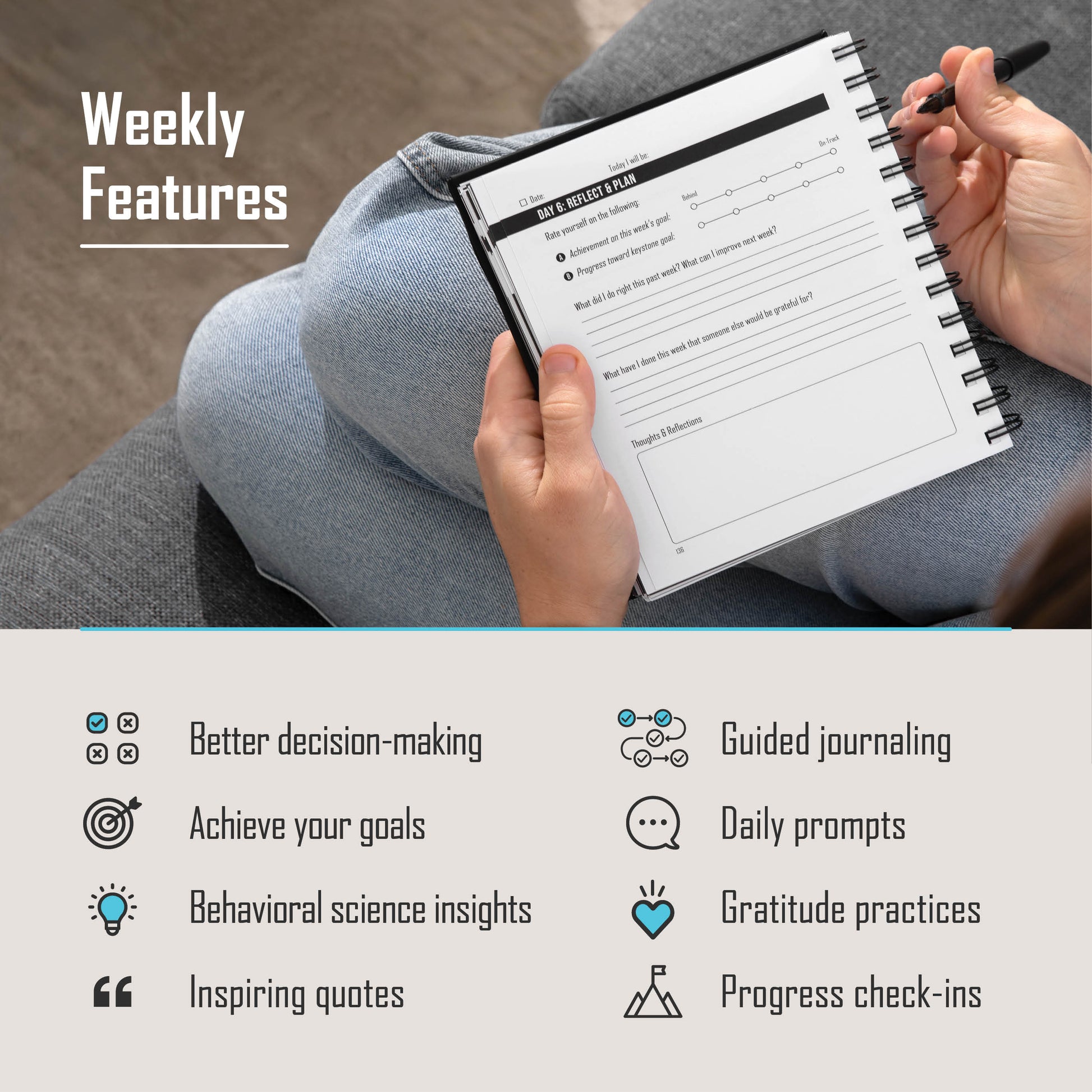 Goal-setting journal utilizing commitment devices, priming, and gratitude practices to enhance productivity and focus