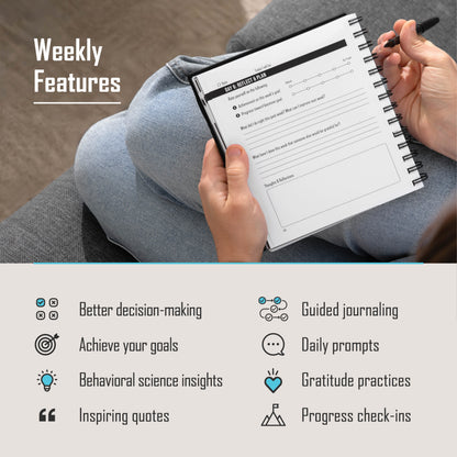 Goal-setting journal utilizing commitment devices, priming, and gratitude practices to enhance productivity and focus