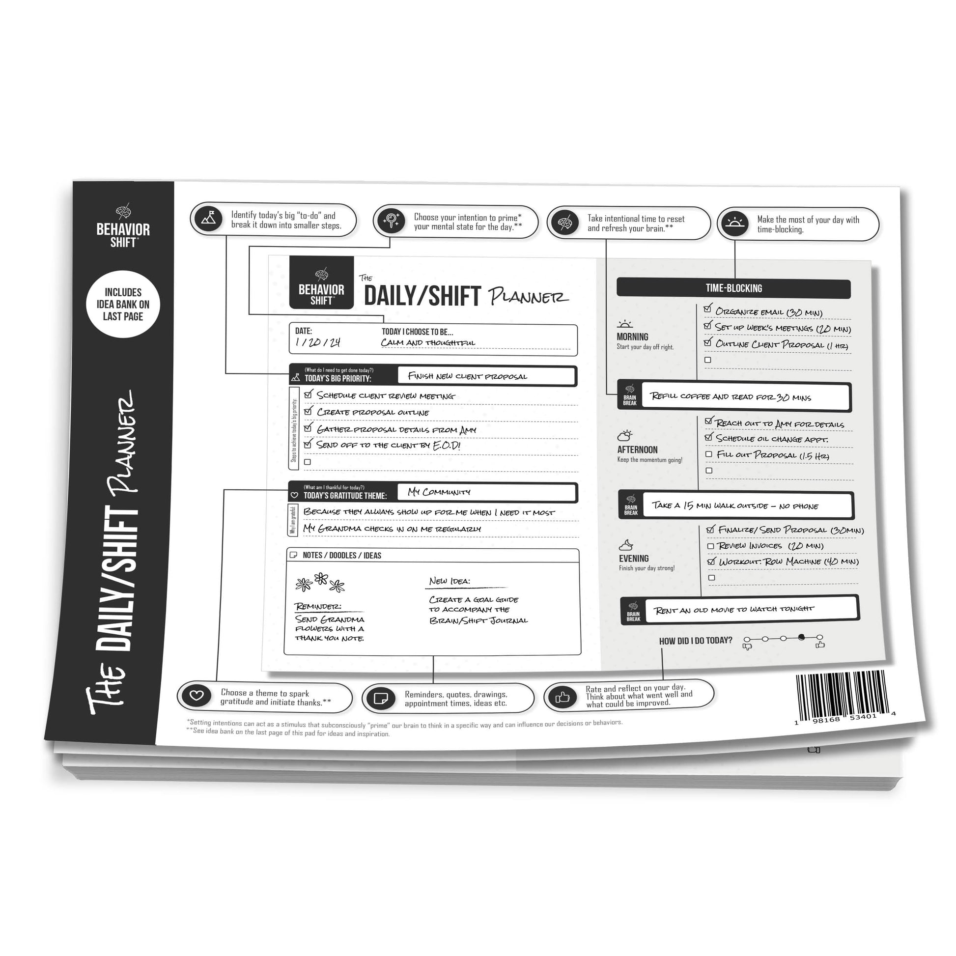 13-week tear-off planner using cognitive theory and time-blocking to boost daily productivity and habit formation