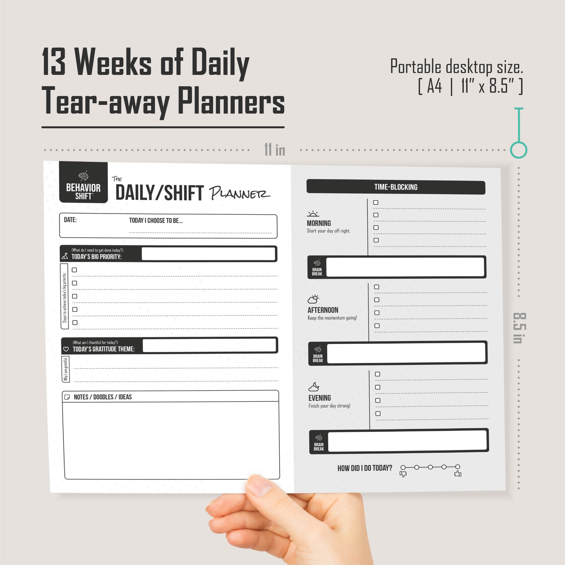 8.5" x 11" desktop planner designed to help you set priorities, break tasks into steps, and reflect for continuous improvement
