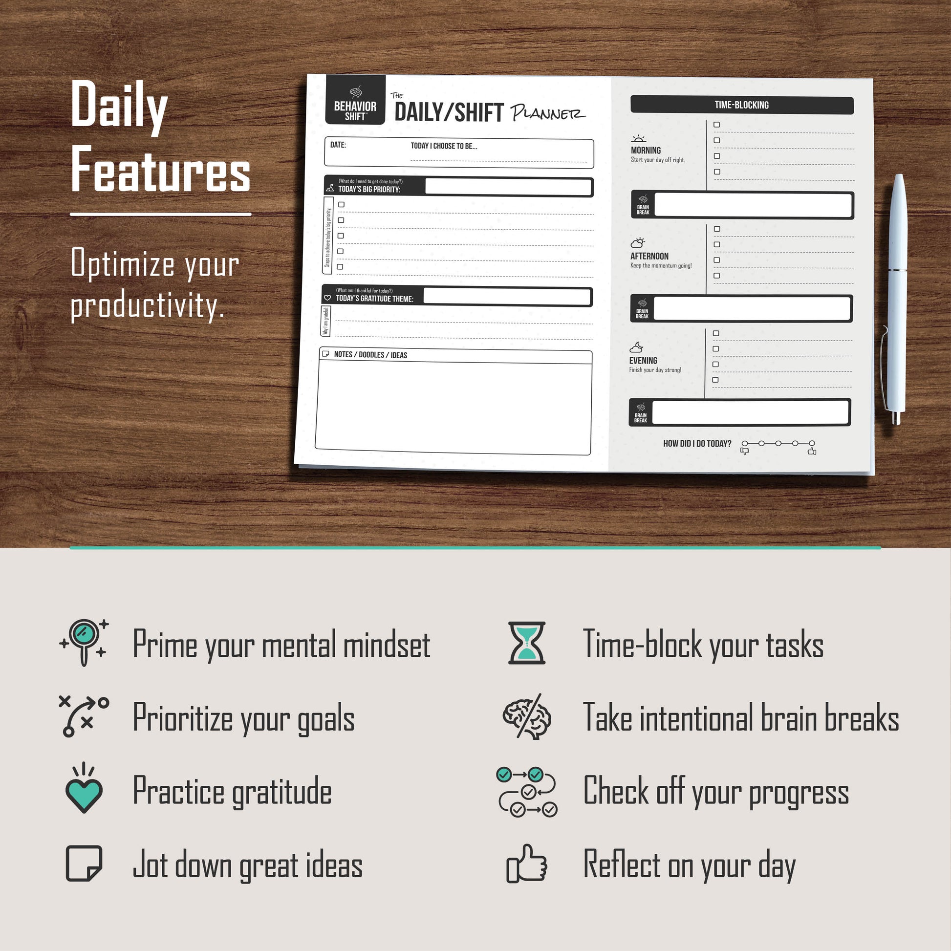 Behavioral science-based planner with daily intention setting, time-blocking, and gratitude journaling to enhance productivity