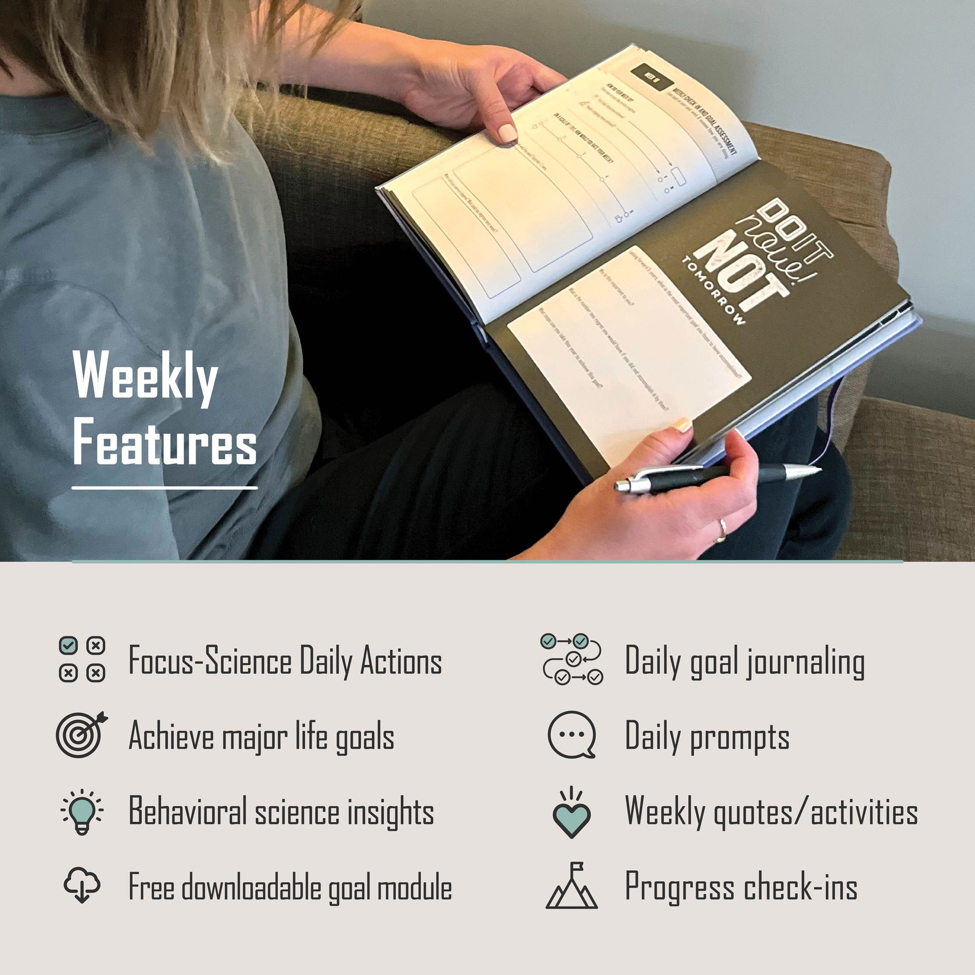 Behavioral science-driven productivity journal with daily prompts and weekly reflections to achieve long-term goals