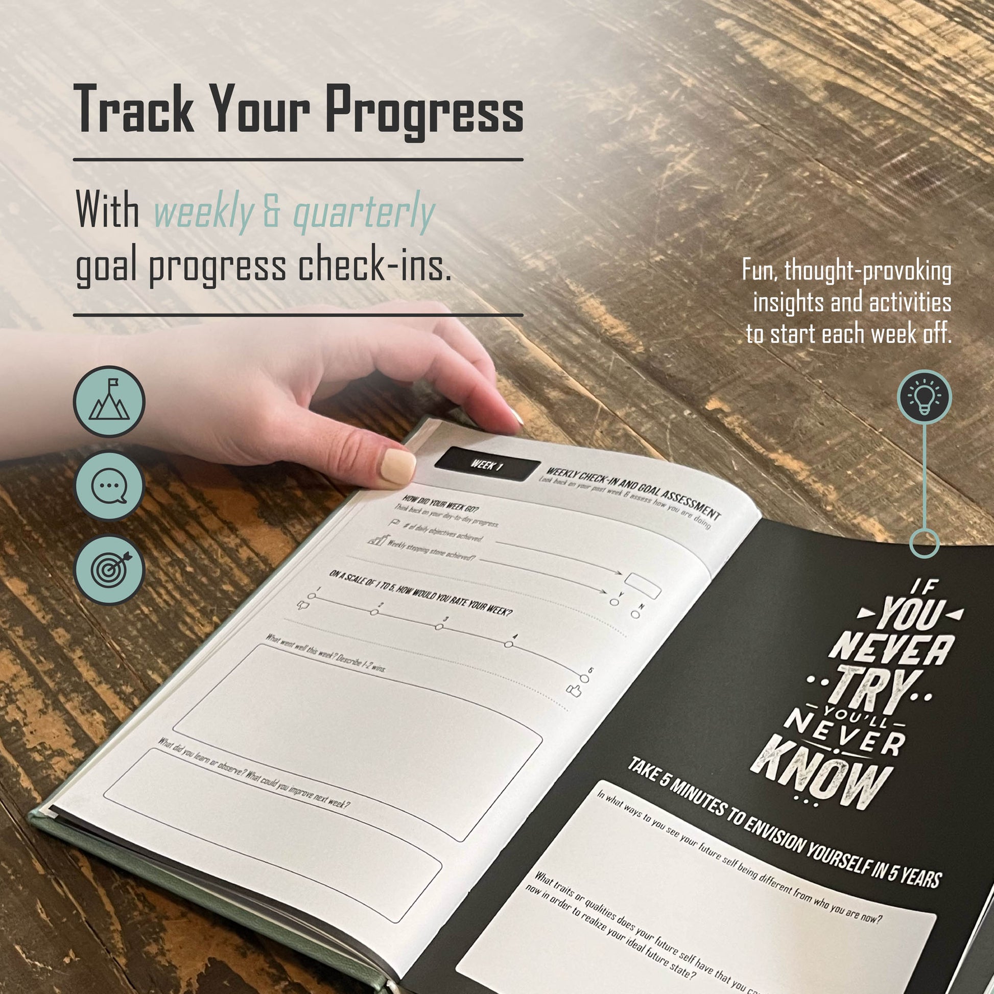 52-week self-improvement journal with actionable daily prompts for goal-setting, motivation, and habit tracking