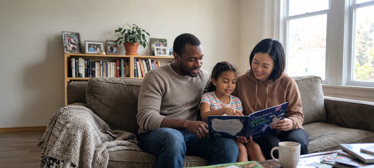 A family of four sits together on a brown couch in a cozy living room, reading a colorful book. The scene features a father, mother, and two children, with a bookshelf and window in the background.