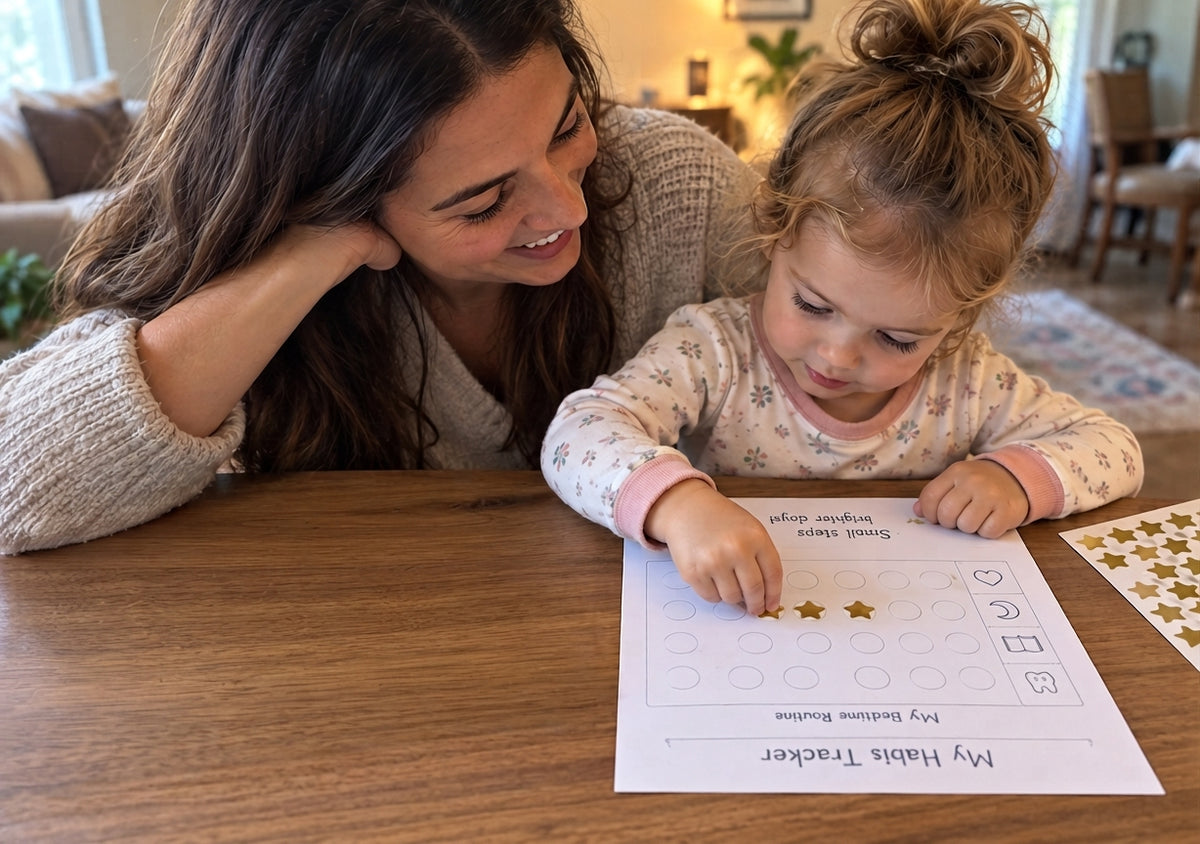 A woman and a young child sitting at a wooden table, working together on a printable habit tracker sheet. The woman is smiling and looking down at the paper, while the child points to stars on the page.