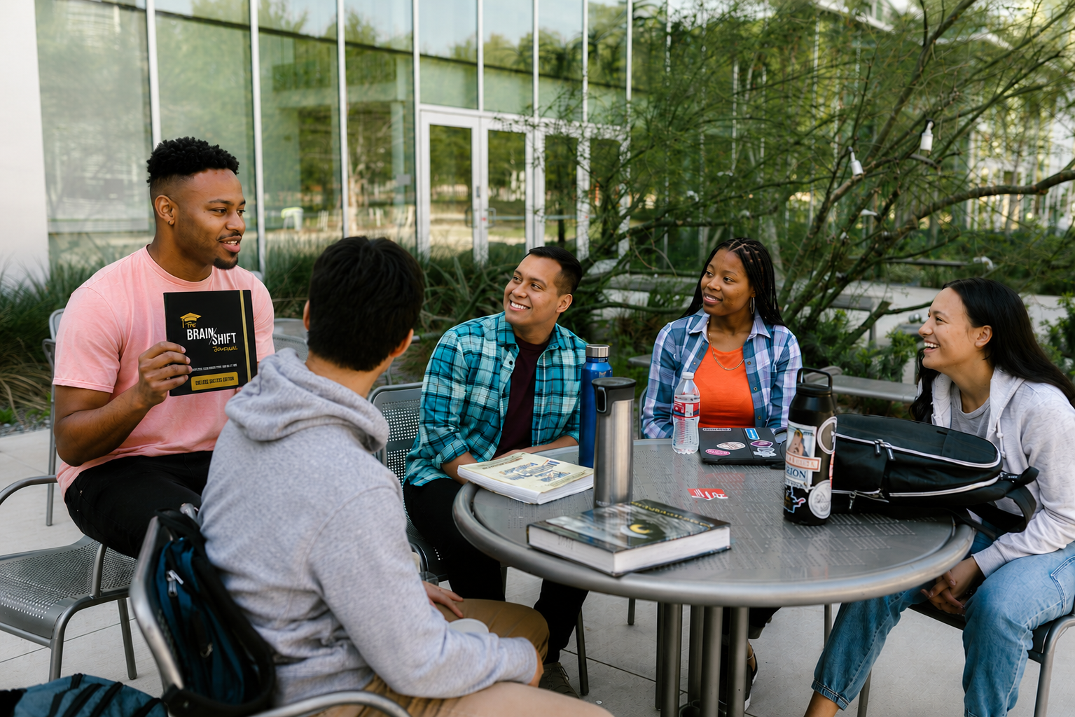 Group of five people sitting around a table outdoors, engaged in conversation.