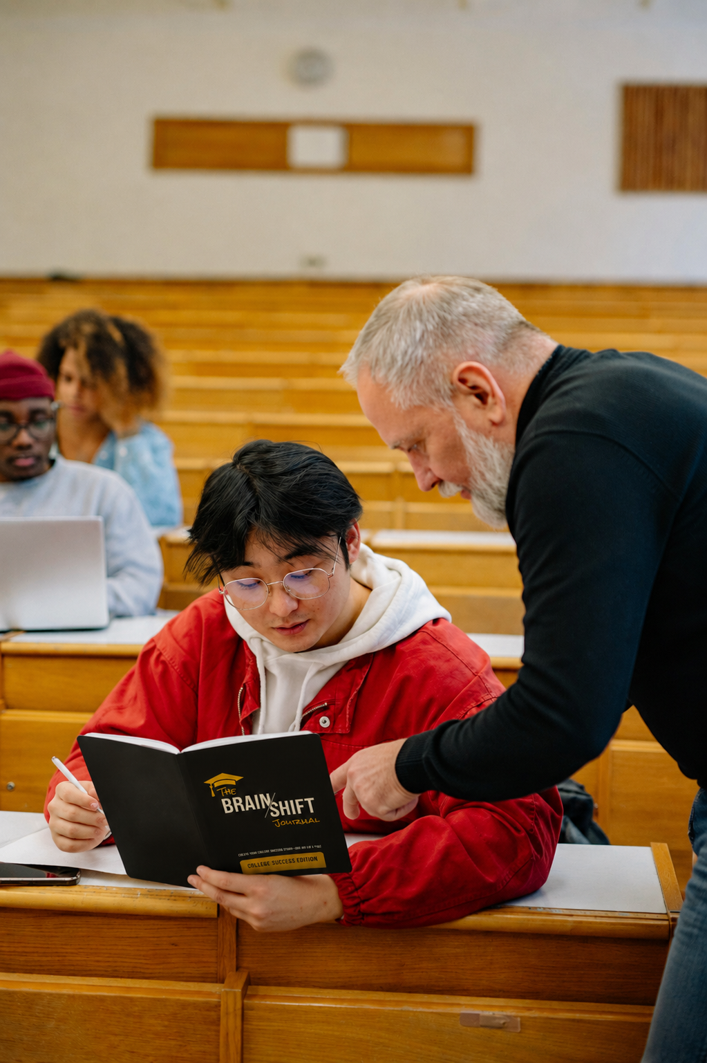 Teacher assisting a student in a classroom setting with a book titled 'Brain Shift'.